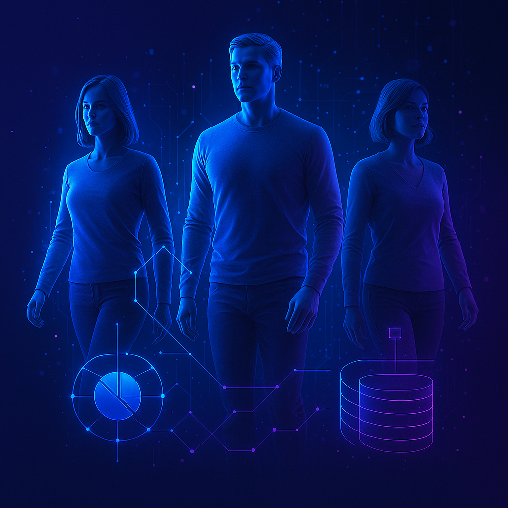 Three digital personas representing AI-powered customer segments with data visualization elements