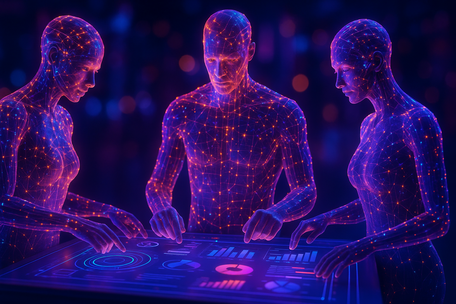 Three wireframe synthetic humans interacting with digital analytics interface
